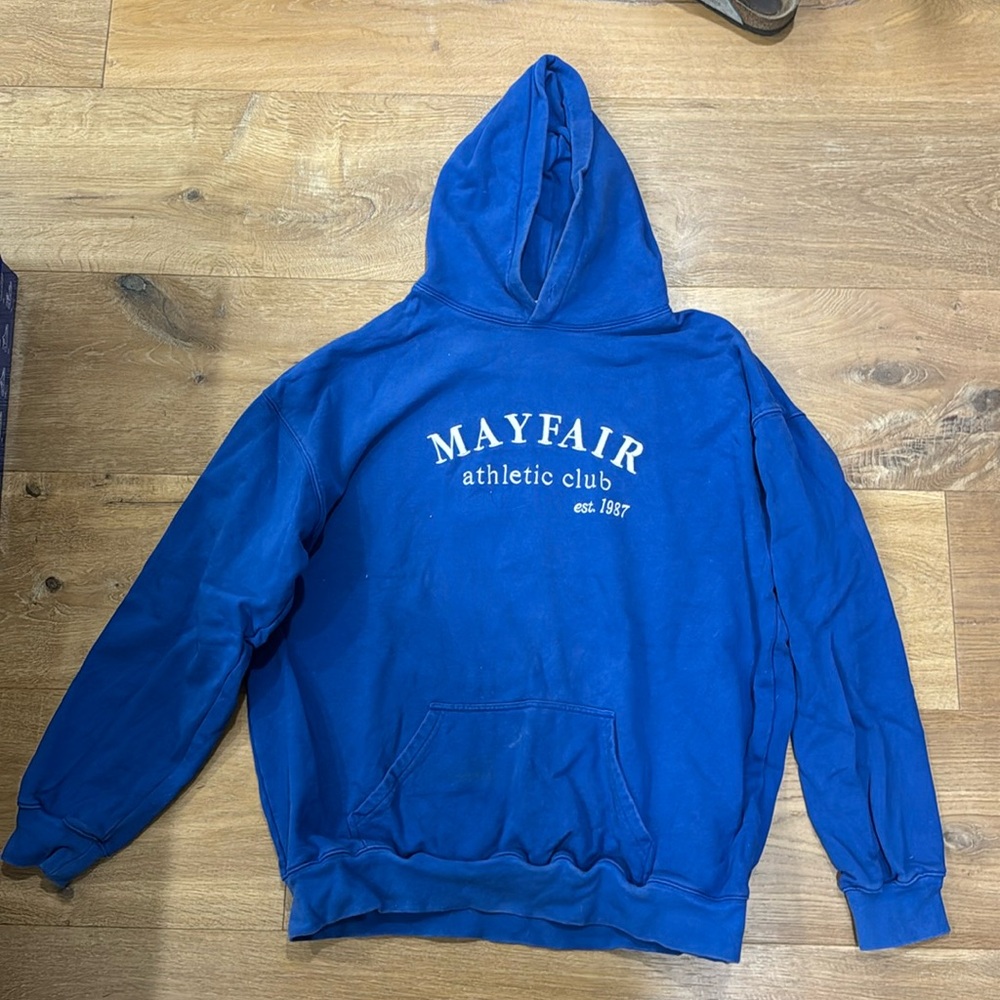 blue mayfair athletic club hoodie, missing hoodie strings